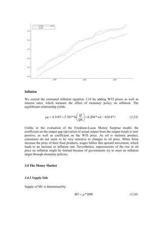 Inflation
We extend the estimated inflation equation 3.19 by adding WTI prices as well as
interest rates, which measure the effect of monetary policy on inflation. The
equilibrium relationship yields:
iwti
QL
Q
pq *014.0*204.0ln*763.33187.4 (3.23)
Unlike in the evaluation of the Friedman-Lucas Money Surprise model, the
coefficient on the output gap (deviation of actual output from the output trend) is now
positive, as well as coefficient on the WTI price. As oil is inelastic product,
consumers do not seem to be very sensitive to changes in oil price. When firms
increase the price of their final products, wages follow this upward movement, which
leads to an increase in inflation rate. Nevertheless, repercussions of the rise in oil
price on inflation might be limited because of governments try to meet an inflation
target through monetary policies.
3.4 The Money Market
3.4.1 Supply Side
Supply of M1 is determined by:
HMM *1 (3.24)
 