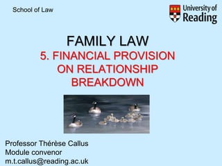 FAMILY LAW
5. FINANCIAL PROVISION
ON RELATIONSHIP
BREAKDOWN
Professor Thérèse Callus
Module convenor
m.t.callus@reading.ac.uk
School of Law
 