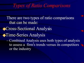 Types of Ratio Comparisons There are two types of ratio comparisons that can be made: Cross-Sectional Analysis  Time-Series Analysis Combined Analysis uses both types of analysis to assess a  firm's trends versus its competitors or the industry 