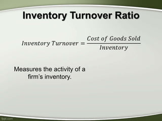 Inventory Turnover Ratio
Measures the activity of a
firm’s inventory.
 