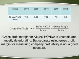 Gross profit margin for ATLAS HONDA is unstable and
mostly deteriorating. But separate using gross profit
margin for measuring company profitability is not a good
measure.
 