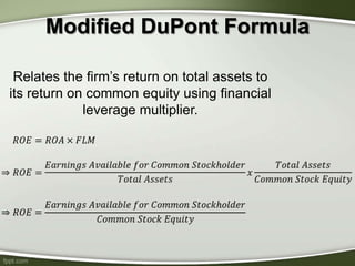 Modified DuPont Formula
Relates the firm’s return on total assets to
its return on common equity using financial
leverage multiplier.
 