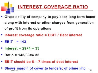 02/01/15 20
INTEREST COVERAGE RATIO
 Gives ability of company to pay back long term loans
along with interest or other charges from generation
of profit from its operations
 Interest coverage ratio = EBIT / Debt interest
 EBIT = 143
 Interest = 29+4 = 33
 Ratio = 143/33=4.33
 EBIT should be 6 – 7 times of debt interest
 Shows margin of cover to lenders; of prime imp
 