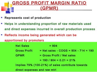 02/01/15 30
GROSS PROFIT MARGIN RATIO
(GPMR)
 Represents cost of production
 Helps in understanding proportion of raw materials used
and direct expenses incurred in overall production process
 Reflects income being generated which can be
apportioned by promoters
 Reflects efficiency of firm’s operations as well as how
products are priced
 GPMR = Gross profit/ Net sales
Net Sales = 904
Gross Profit = Net sales - COGS = 904 - 714 = 190
GPMR = Gross Profit / Net sales
= 190 / 904 = 0.21 = 21%
Implies 79% (100-21%) of sales contribute towards
direct expenses and raw mtrl
 