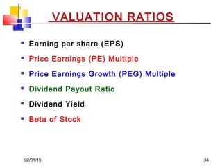 02/01/15 34
VALUATION RATIOS
 Earning per share (EPS)
 Price Earnings (PE) Multiple
 Price Earnings Growth (PEG) Multiple
 Dividend Payout Ratio
 Dividend Yield
 Beta of Stock
 
