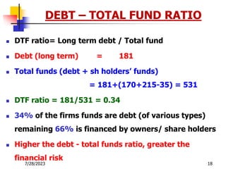 7/28/2023 18
DEBT – TOTAL FUND RATIO
 DTF ratio= Long term debt / Total fund
 Debt (long term) = 181
 Total funds (debt + sh holders’ funds)
= 181+(170+215-35) = 531
 DTF ratio = 181/531 = 0.34
 34% of the firms funds are debt (of various types)
remaining 66% is financed by owners/ share holders
 Higher the debt - total funds ratio, greater the
financial risk
 
