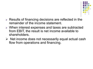  Results of financing decisions are reflected in the
remainder of the income statement.
 When interest expenses and taxes are subtracted
from EBIT, the result is net income available to
shareholders.
 Net income does not necessarily equal actual cash
flow from operations and financing.
 