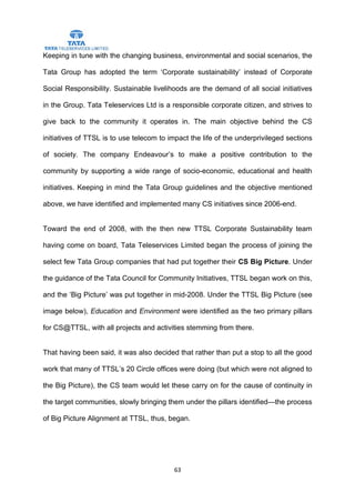 Keeping in tune with the changing business, environmental and social scenarios, the

Tata Group has adopted the term ‘Corporate sustainability’ instead of Corporate

Social Responsibility. Sustainable livelihoods are the demand of all social initiatives

in the Group. Tata Teleservices Ltd is a responsible corporate citizen, and strives to

give back to the community it operates in. The main objective behind the CS

initiatives of TTSL is to use telecom to impact the life of the underprivileged sections

of society. The company Endeavour’s to make a positive contribution to the

community by supporting a wide range of socio-economic, educational and health

initiatives. Keeping in mind the Tata Group guidelines and the objective mentioned

above, we have identified and implemented many CS initiatives since 2006-end.


Toward the end of 2008, with the then new TTSL Corporate Sustainability team

having come on board, Tata Teleservices Limited began the process of joining the

select few Tata Group companies that had put together their CS Big Picture. Under

the guidance of the Tata Council for Community Initiatives, TTSL began work on this,

and the ‘Big Picture’ was put together in mid-2008. Under the TTSL Big Picture (see

image below), Education and Environment were identified as the two primary pillars

for CS@TTSL, with all projects and activities stemming from there.


That having been said, it was also decided that rather than put a stop to all the good

work that many of TTSL’s 20 Circle offices were doing (but which were not aligned to

the Big Picture), the CS team would let these carry on for the cause of continuity in

the target communities, slowly bringing them under the pillars identified—the process

of Big Picture Alignment at TTSL, thus, began.




                                          63
 