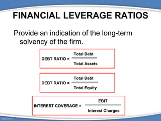 FINANCIAL LEVERAGE RATIOS
Provide an indication of the long-term
solvency of the firm.
Total Debt
DEBT RATIO =
Total Assets
Total Debt
DEBT RATIO =
Total Equity
EBIT
INTEREST COVERAGE =
Interest Charges

 