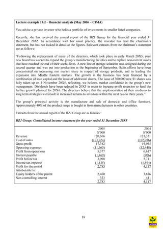 18
Lecture example 18.2 financial analysis (May 2006 CIMA)
You advise a private investor who holds a portfolio of investments in smaller listed companies.
Recently, she has received the annual report of the BZJ Group for the financial year ended 31
December 20X5. In accordance with her usual practice, the investor has read the chairman s
statement, but has not looked in detail at the figures. Relevant extracts from the chairman s statement
are as follows:
Following the replacement of many of the directors, which took place in early March 20X5, your
new board has worked to expand the group s manufacturing facilities and to replace non-current assets
that have reached the end of their useful lives. A new line of storage solutions was designed during the
second quarter and was put into production at the beginning of September. Sales efforts have been
concentrated on increasing our market share in respect of storage products, and in leading the
expansion into Middle Eastern markets. The growth in the business has been financed by a
combination of loan capital and the issue of additional shares. The issue of 300,000 new $1 shares was
fully taken up on 1 November 20X5, reflecting, we believe, market confidence in the group s new
management. Dividends have been reduced in 20X5 in order to increase profit retention to fund the
further growth planned for 20X6. The directors believe that the implementation of their medium- to
long term strategies will result in increased returns to investors within the next two to three years.
The group s principal activity is the manufacture and sale of domestic and office furniture.
Approximately 40% of the product range is bought in from manufacturers in other countries.
Extracts from the annual report of the BZJ Group are as follows:
BZJ Group: Consolidated income statement for the year ended 31 December 20X5
2005
$ 000
2004
$ 000
Revenue 120,366 121,351
Cost of sales (103,024) (102,286)
Gross profit 17,342 19,065
Operating expenses (11,965) (12,448)
Profit from operations 5,377 6,617
Interest payable (1,469) (906)
Profit before tax 3,908 5,711
Income tax expense (1,125) (1,594)
Profit for the period 2,783 4,117
Attributable to:
Equity holders of the parent 2,460 3,676
Non controlling interest 323 441
2,783 4,117
 