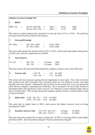 33
Solutions to Lecture Examples
Solution to Lecture Example 18.1
1 ROCE
PBIT / CE = (54+4) / (236+80) x 100% = 18.4% 20X2
(46+4) / (238 + 80) x 100% = 15.7% 20X1
The return on capital employed has increased over the year from 15.7% to 18.4%. The profit has
increased which may have resulted in the increase.
2 Gross profit margin
GP / Sales = 104 / 418 x 100% = 24.9% 20X2
90 / 392 x 100% = 23.0% 20X1
The gross profit margin has increased from 23.0% to 24.9%, which could mean higher selling prices
or lower costs. This also explains the rise in ROCE
3 Asset turnover
T/o / CE = 418 / 316 = 1.32 times 20X2
392 / 318 = 1.23 times 20X1
The asset turnover has increased indicating that the company is using its assets more effectively.
4 Current ratio = 148 / 92 = 1.61 for 20X2
=170 / 130 = 1.31 for 20X1
The current ratio has increased, meaning that the organisation is more liquid. This is due to the fact
that inventory and trade receivables have increased (which are non productive assets), and trade
payables have been reduced. Although this may be better for the current ratio, it may not necessarily
mean that the company is operating more efficiently. Has it increased it inventory piles because it
anticipates higher sales and doesn t want to run out? Is it offering it s credit customers longer time to
pay to increase sales? Why are they paying their suppliers quicker? Surely it would be better to take
as long as possible?
5 Quick ratio =(148 84) / 92 = 0.70 for 20X2
=(170 74) / 130 = 0.74 for 20X1
The quick ratio is slightly better in 20X1, which proves that higher inventory levels are being
maintained for 20X2.
6 Inventory turnover ratio =314 / (74 + 84) x 0.5 = 4.0 times for 20X2
=302 / (58 + 74) 0.5 = 4.6 times for 20X1
This ratio shows how quickly the inventory is being sold. In 20X1 it was being sold at a much higher
rate than in 20X2. Have the products changed? Has the customer base changed?
 
