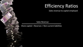 Efficiency Ratios
Sales revenue to capital employed
Sales Revenue
Share capital + Reserves + Non-current liabilities
 