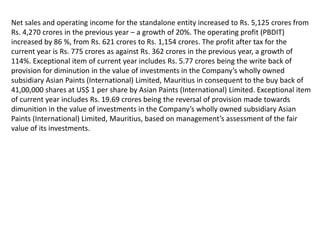 Net sales and operating income for the standalone entity increased to Rs. 5,125 crores from
Rs. 4,270 crores in the previous year – a growth of 20%. The operating profit (PBDIT)
increased by 86 %, from Rs. 621 crores to Rs. 1,154 crores. The profit after tax for the
current year is Rs. 775 crores as against Rs. 362 crores in the previous year, a growth of
114%. Exceptional item of current year includes Rs. 5.77 crores being the write back of
provision for diminution in the value of investments in the Company’s wholly owned
subsidiary Asian Paints (International) Limited, Mauritius in consequent to the buy back of
41,00,000 shares at US$ 1 per share by Asian Paints (International) Limited. Exceptional item
of current year includes Rs. 19.69 crores being the reversal of provision made towards
dimunition in the value of investments in the Company’s wholly owned subsidiary Asian
Paints (International) Limited, Mauritius, based on management’s assessment of the fair
value of its investments.
 
