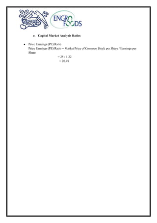 e. Capital Market Analysis Ratios
Price Earnings (PE) Ratio
Price Earnings (PE) Ratio = Market Price of Common Stock per Share / Earnings per
Share
= 25 / 1.22
= 20.49
 