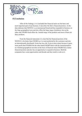 15.Conclusion
After all the findings, it is concluded that financial ratios are the basic and
most important part of any business. It describes the firm’s financial position. As the
data indicates that NESTLE is an international brand and has expanded its business on
the large geographical area and also offers the large range of products, but on the
other side ENGRO food offers the limited range of the products and most of them are
dairy products.
From the financial statements it is clear that the financial position of the
NESTLE is far better than ENGRO as it is more preferred by the customers and also
an internationally distributed. It also has less risk. It gives more return because it gains
more profit than ENGRO.On the other hand ENGRO deals with the limited products
in a limited geographical area but on the basis of financial ratios ENGRO has a better
financial position and also has an opportunity to expand its business. Both the
companies have some opportunities and threads and they need to work on it.
 