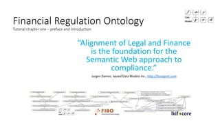 Financial Regulation Ontology
Tutorial chapter one – preface and introduction
“Alignment of Legal and Finance
is the foundation for the
Semantic Web approach to
compliance.”
Jurgen Ziemer, Jayzed Data Models Inc., http://finregont.com
 