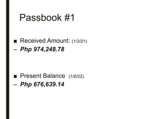 Passbook #1
■ Received Amount: (1/3/21)
– Php 974,248.78
■ Present Balance (1/8/22)
– Php 676,639.14
 