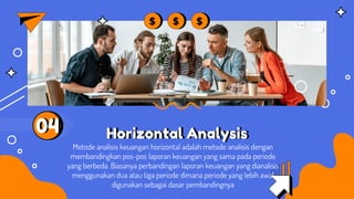 Horizontal Analysis
Metode analisis keuangan horizontal adalah metode analisis dengan
membandingkan pos-pos laporan keuangan yang sama pada periode
yang berbeda. Biasanya perbandingan laporan keuangan yang dianalisis
menggunakan dua atau tiga periode dimana periode yang lebih awal
digunakan sebagai dasar pembandingnya
04
 
