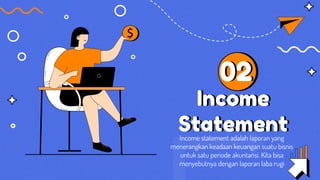Income statement adalah laporan yang
menerangkan keadaan keuangan suatu bisnis
untuk satu periode akuntansi. Kita bisa
menyebutnya dengan laporan laba rugi
02
Income
Statement
 
