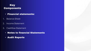 Key
Components
• Financial statements:
1. Balance Sheet
2. Income Statement
3. Cashflow Statement
• Notes to financial Statements
• Audit Reports
 