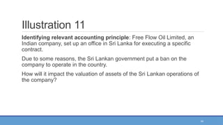 42
Illustration 11
Identifying relevant accounting principle: Free Flow Oil Limited, an
Indian company, set up an office in Sri Lanka for executing a specific
contract.
Due to some reasons, the Sri Lankan government put a ban on the
company to operate in the country.
How will it impact the valuation of assets of the Sri Lankan operations of
the company?
 
