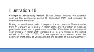 56
Illustration 18
Change of Accounting Period: Sit-Sat Limited followed the calendar
year as the accounting period till December 2011 and changed to
financial year thereafter.
During the switch over period it prepared the accounts for fifteen months
from 1st
January 2012 and 31st
March 2013 and thereafter on financial
year basis. It reported a profit after tax of Rs. 350 million for the financial
year ended 31st
March 2014 compared to Rs. 370 million for the period
ended on 31st
March 2013. The management is concerned about the
decline in profit. How do you respond to the concern of the management?
 