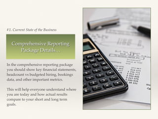#1. Current State of the Business
Comprehensive Reporting
Package Details…
In the comprehensive reporting package
you shou...