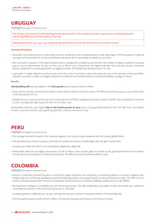 Financial Report 201832
JANUARY - MARCH
Business information
Commercial activity
•	Santander continued to focus on improving customer satisfaction and increasing loyalty. It took advantage in the first quarter of regional
synergies with Santander Río and launched #banco de verano, which was widely accepted by customers.
•	We continued to advance in the digital transformation strategy and in modernising channels. The number of digital customers increased
44% to 191,000 (penetration of 52%, up from 42% in March 2017). Transactions via digital channels rose 40% year-on-year. Consumer
finance companies increased placements via digital channels. At Creditel they already account for 28%.
•	Loans grew in target segments, products and currencies: +22% in consumer credit and cards and +4% in the national currency portfolio.
Deposits remained virtually unchanged, despite the outflow of non-resident balances and the profitability strategy for funds.
Results
Attributable profit was 33% higher in the first quarter year-on-year at EUR 32 million.
• Gross income rose 16%, driven by net interest income and to a lesser extent fee income. The efficiency ratio was 44.4%, 4.3 p.p. better than
in the first quarter of 2017.
• Despite the rise in provisions because of the entry into force of IFRS 9 regulation and other impacts, the NPL ratio remained at a low level
(2.72%), coverage was high (159%) and the cost of credit 2.35%.
Attributable profit was 46% higher than in the fourth quarter of 2017, due to the good performance of the main PL lines: net interest
income (+7%), fee income (+7%), operating expenses (-7%) and provisions (-17%).
Highlights (changes in constant euros)
The Group continued to be the leading private sector bank in the country, focused on growing in retail banking and
improving efficiency and the quality of service
Attributable profit rose 33%, spurred by the good performance of net interest income and fee income
URUGUAY
•	The strategy remained focused on the corporate segment, the country’s large companies and the Group’s global clients.
•	The specialised auto finance company continued to increase its revenue at double-digit rates and gain market share.
•	Lending rose a little over March 2017 and deposits registered a slight fall.
•	Attributable profit was 9% higher year-on-year at EUR 8 million. Gross income grew 17% thanks to the good performance of net interest
income, fee income and gains on financial transactions. The efficiency ratio remained excellent at 39%.
•	Activity in Colombia remained focused on GCB clients, large companies and companies, contributing solutions in treasury, hedging risks,
foreign trade and confirming, developing investment banking products and supporting the country’s infrastructure plan. This offer is in the
process of being expanded with a licence for Santander Securities Services Colombia, enabling custody services to be offered.
•	We launched a strategy to consolidate the auto financing business. This will enable Banco Santander to have the critital mass needed to
consolidate its position in the auto financing services in Colombia.
•	Lending registered a slight fall year-on-year and deposits rose 30%, thanks to the good evolution of demand deposits.
•	The first quarter posted a profit of EUR 1 million. Of note was the good performance of net interest income.
PERU
COLOMBIA
Highlights(changes in constant euros)
Highlights (changes in constant euros)
 