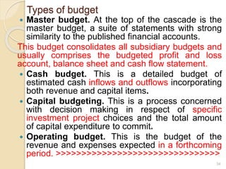 Types of budget
 Master budget. At the top of the cascade is the
master budget, a suite of statements with strong
similarity to the published financial accounts.
This budget consolidates all subsidiary budgets and
usually comprises the budgeted profit and loss
account, balance sheet and cash flow statement.
 Cash budget. This is a detailed budget of
estimated cash inflows and outflows incorporating
both revenue and capital items.
 Capital budgeting. This is a process concerned
with decision making in respect of specific
investment project choices and the total amount
of capital expenditure to commit.
 Operating budget. This is the budget of the
revenue and expenses expected in a forthcoming
period. >>>>>>>>>>>>>>>>>>>>>>>>>>>>>>>>
34
 