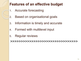 Features of an effective budget
1. Accurate forecasting
2. Based on organisational goals
3. Information is timely and accurate
4. Formed with multilevel input
5. Regular reviews
>>>>>>>>>>>>>>>>>>>>>>>>>>>>>>>>
36
 
