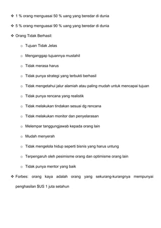  1 % orang menguasai 50 % uang yang beredar di dunia
 5 % orang menguasai 90 % uang yang beredar di dunia
 Orang Tidak Berhasil:
o Tujuan Tidak Jelas
o Menganggap tujuannya mustahil
o Tidak merasa harus
o Tidak punya strategi yang terbukti berhasil
o Tidak mengetahui jalur alamiah atau paling mudah untuk mencapai tujuan
o Tidak punya rencana yang realistik
o Tidak melakukan tindakan sesuai dg rencana
o Tidak melakukan monitor dan penyelarasan
o Melempar tanggungjawab kepada orang lain
o Mudah menyerah
o Tidak mengelola hidup seperti bisnis yang harus untung
o Terpengaruh oleh pesimisme orang dan optimisme orang lain
o Tidak punya mentor yang baik
 Forbes: orang kaya adalah orang yang sekurang-kurangnya mempunyai
penghasilan $US 1 juta setahun
 
