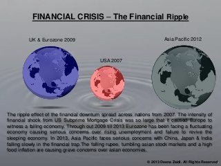 10%
80%
The ripple effect of the financial downturn spread across nations from 2007. The intensity of
financial shock from US Subprime Mortgage Crisis was so large that it caused Europe to
witness a falling economy. Through out 2009 till 2013 Eurozone has been facing a fluctuating
economy causing serious concerns over rising unemployment and failure to revive the
sleeping economy. In 2013, Asia Pacific faces serioius concerns with China, Japan & India
falling slowly in the financial trap.The falling rupee, tumbling asian stock markets and a high
food inflation are causing grave concerns over asian economies.
UK & Eurozone 2009
USA 2007
Asia Pacific 2012
© 2013 Deena Zaidi. All Rights Reserved.
FINANCIAL CRISIS – The Financial Ripple
 