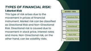 TYPES OF FINANCIAL RISK:
1.Market Risk
This type of risk arises due to the
movement in prices of financial
instrument. Market risk can be classified
as Directional Risk and Non-Directional
Risk. Directional risk is caused due to
movement in stock price, interest rates
and more. Non-Directional risk, on the
other hand, can be volatility risks.
 