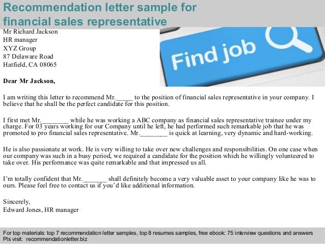 Financial Sales Representative Recommendation Letter