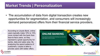 Market Trends | Personalization
• The accumulation of data from digital transaction creates new
opportunities for segmentation, and consumers will increasingly
demand personalized offers from their financial service providers.
According to Lloyds Bank, online
users typically make 10% to 15%
more contact with the bank than
face-to-face users, so they
represent a great opportunity for
banks, data and sales wise. By
analyzing the spend patterns of
customers, Lloyds is able to
provide users with better offers.
 