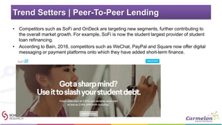 Trend Setters | Peer-To-Peer Lending
• Competitors such as SoFi and OnDeck are targeting new segments, further contributing to
the overall market growth. For example, SoFi is now the student largest provider of student
loan refinancing.
• According to Bain, 2016, competitors such as WeChat, PayPal and Square now offer digital
messaging or payment platforms onto which they have added short-term finance.
 