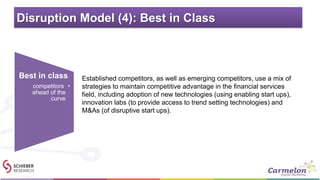 Disruption Model (4): Best in Class
Established competitors, as well as emerging competitors, use a mix of
strategies to maintain competitive advantage in the financial services
field, including adoption of new technologies (using enabling start ups),
innovation labs (to provide access to trend setting technologies) and
M&As (of disruptive start ups).
Best in class
•competitors
ahead of the
curve
 