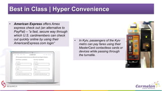 Best in Class | Hyper Convenience
• American Express offers Amex
express check out (an alternative to
PayPal) – “a fast, secure way through
which U.S. cardmembers can check
out quickly online by using their
AmericanExpress.com login”
• In Kyiv, passengers of the Kyiv
metro can pay fares using their
MasterCard contactless cards or
devices while passing through
the turnstile.
 