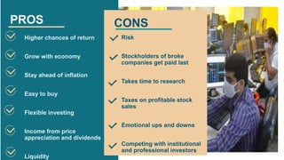 Risk
Stockholders of broke
companies get paid last
Takes time to research
Taxes on profitable stock
sales
Emotional ups and downs
Competing with institutional
and professional investors
PROS CONS
Higher chances of return
Grow with economy
Stay ahead of inflation
Easy to buy
Flexible investing
Income from price
appreciation and dividends
Liquidity
 