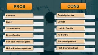 Liquidity
Safety
Tax-efficiency
Diversification
Suit your financial goals
Quick & painless process
Capital gains tax
Dilution
Lock-in Peroids
No Control
Fluctuating returns
High Operating Cost
 