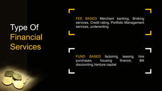 FEE BASED Merchant banking, Broking
services, Credit rating, Portfolio Management
services, underwriting
FUND BASED factoring, leasing, hire
purchases, housing finance, Bill
discounting,Venture capital
Type Of
Financial
Services
 