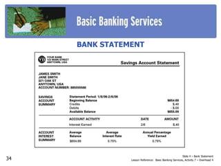 Slide 4 – Bank Statement
Lesson Reference: Basic Banking Services, Activity 7 – Overhead 4
BANK STATEMENT
34
 