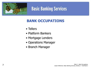 BANK OCCUPATIONS
• Tellers
• Platform Bankers
• Mortgage Lenders
• Operations Manager
• Branch Manager
Slide 2 – Bank Occupations
Lesson Reference: Basic Banking Services, Activity 2 – Overhead 27
 