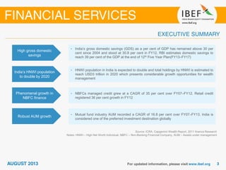 High gross domestic
savings
• India’s gross domestic savings (GDS) as a per cent of GDP has remained above 30 per
cent since 2004 and stood at 30.8 per cent in FY12. RBI estimates domestic savings to
reach 39 per cent of the GDP at the end of 12th Five Year Plan(FY13–FY17)
India’s HNWI population
to double by 2020
• HNWI population in India is expected to double and total holdings by HNWI is estimated to
reach USD3 trillion in 2020 which presents considerable growth opportunities for wealth
management
Phenomenal growth in
NBFC finance
• NBFCs managed credit grew at a CAGR of 35 per cent over FY07–FY12. Retail credit
registered 36 per cent growth in FY12
Source: ICRA, Capgemini Wealth Report, 2011 Aranca Research
Notes: HNWI – High Net Worth Individual, NBFC – Non-Banking Financial Company, AUM – Assets under management
Robust AUM growth
• Mutual fund industry AUM recorded a CAGR of 16.8 per cent over FY07–FY13. India is
considered one of the preferred investment destination globally
 