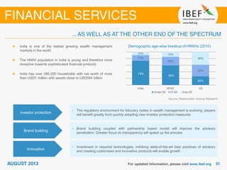 Demographic age-wise breakup of HNWIs (2010)
Source: Datamonitor, Aranca Research
India is one of the fastest growing wealth management
markets in the world
The HNWI population in India is young and therefore more
receptive towards sophisticated financial products
India has over 286,000 households with net worth of more
than USD1 million with assets close to USD584 billion
73%
59%
26%
17%
26%
35%
10% 15%
39%
India APAC US
Under 50 51-65 Over 65
Investor protection
• The regulatory environment for fiduciary duties in wealth management is evolving; players
will benefit greatly from quickly adopting new investor protection measures
Brand building
• Brand building coupled with partnership based model will improve the advisory
penetration. Greater focus on transparency will speed up the process
Innovation
• Investment in required technologies, imbibing state-of-the-art best practices of advisory
and creating customised and innovative products will enable growth
 