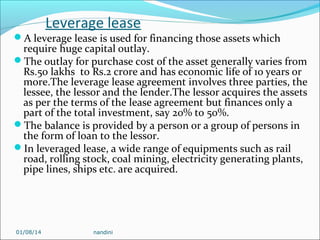 Leverage lease

A leverage lease is used for financing those assets which

require huge capital outlay.
The outlay for purchase cost of the asset generally varies from
Rs.50 lakhs to Rs.2 crore and has economic life of 10 years or
more.The leverage lease agreement involves three parties, the
lessee, the lessor and the lender.The lessor acquires the assets
as per the terms of the lease agreement but finances only a
part of the total investment, say 20% to 50%.
The balance is provided by a person or a group of persons in
the form of loan to the lessor.
In leveraged lease, a wide range of equipments such as rail
road, rolling stock, coal mining, electricity generating plants,
pipe lines, ships etc. are acquired.

01/08/14

nandini

 
