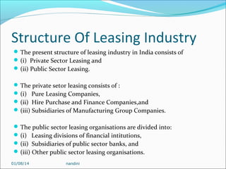 Structure Of Leasing Industry
 The present structure of leasing industry in India consists of
 (i) Private Sector Leasing and
 (ii) Public Sector Leasing.
 The private setor leasing consists of :
 (i) Pure Leasing Companies,
 (ii) Hire Purchase and Finance Companies,and
 (iii) Subsidiaries of Manufacturing Group Companies.
 The public sector leasing organisations are divided into:
 (i) Leasing divisions of financial intitutions,
 (ii) Subsidiaries of public sector banks, and
 (iii) Other public sector leasing organisations.
01/08/14

nandini

 