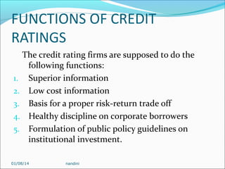 FUNCTIONS OF CREDIT
RATINGS
The credit rating firms are supposed to do the
following functions:
1. Superior information
2. Low cost information
3. Basis for a proper risk-return trade off
4. Healthy discipline on corporate borrowers
5. Formulation of public policy guidelines on
institutional investment.
01/08/14

nandini

 