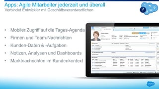 Verbindet Entwickler mit Geschäftsverantwortlichen
Apps: Agile Mitarbeiter jederzeit und überall
• Mobiler Zugriff auf die Tages-Agenda
• Firmen und Team-Nachrichten
• Kunden-Daten & -Aufgaben
• Notizen, Analysen und Dashboards
• Marktnachrichten im Kundenkontext
 