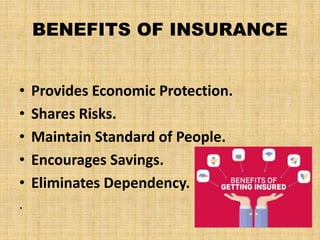 BENEFITS OF INSURANCE
• Provides Economic Protection.
• Shares Risks.
• Maintain Standard of People.
• Encourages Savings.
• Eliminates Dependency.
.
 
